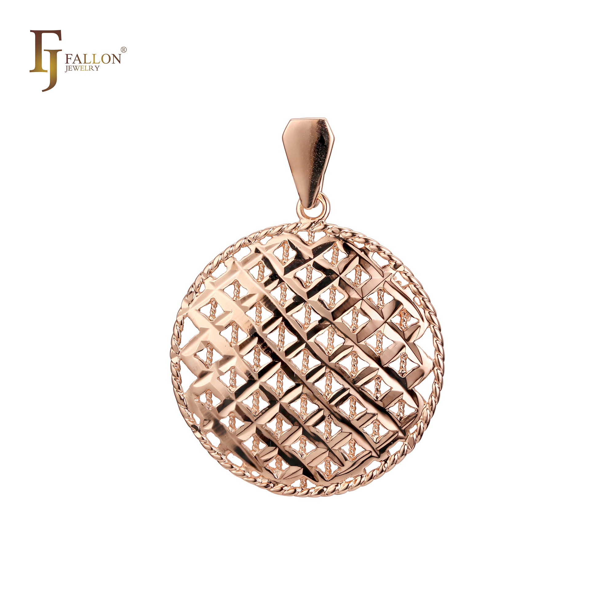 Rose gold round pendant with hollow raised geometric lattice design and twisted border, featuring a 3D textured finish. 
Pendant (All Categories) From FJ Fallon Jewelry