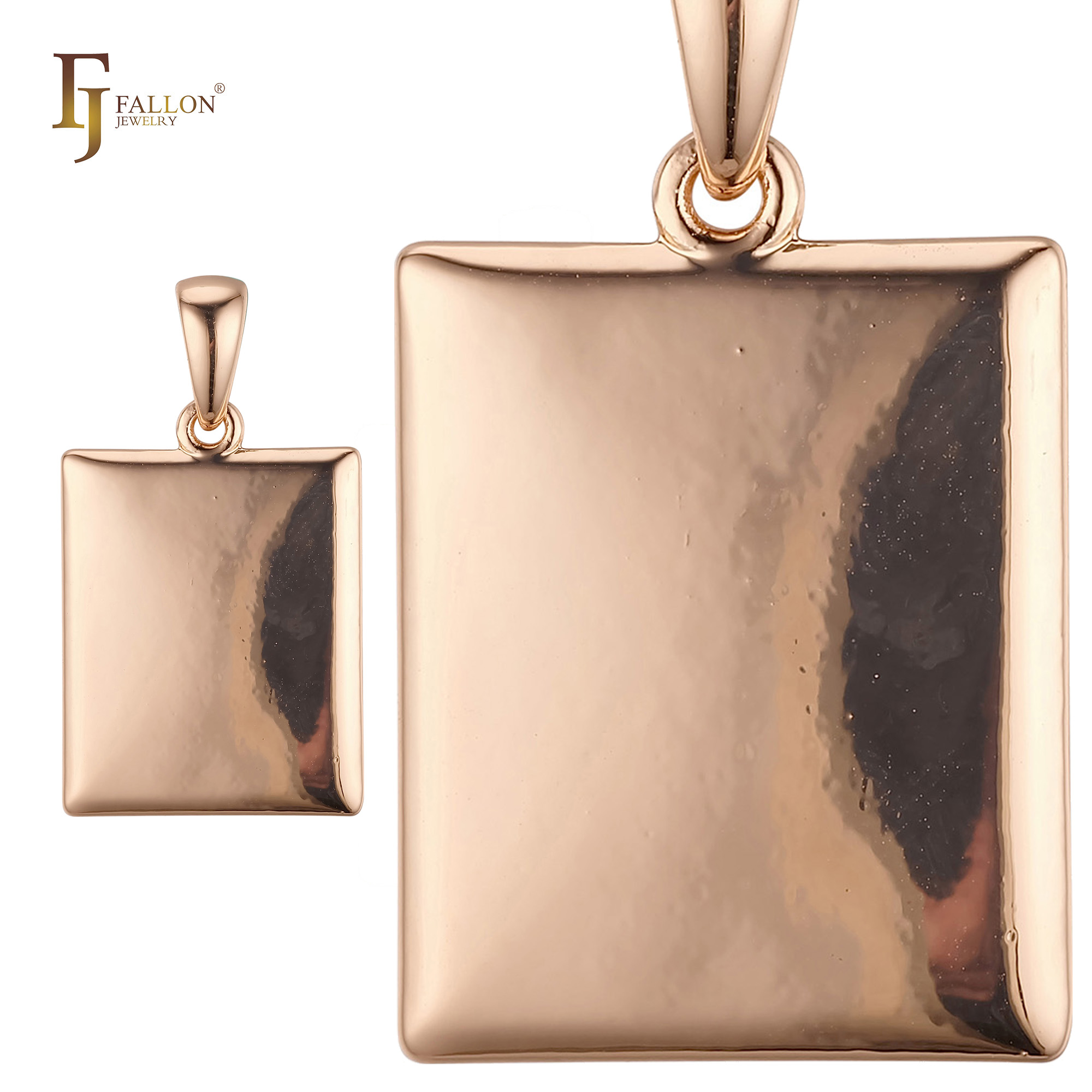 Minimalist rose gold rectangular pendant with smooth polished surface, shown in full and magnified detail. 
Pendant (Other Pendant) From FJ Fallon Jewelry