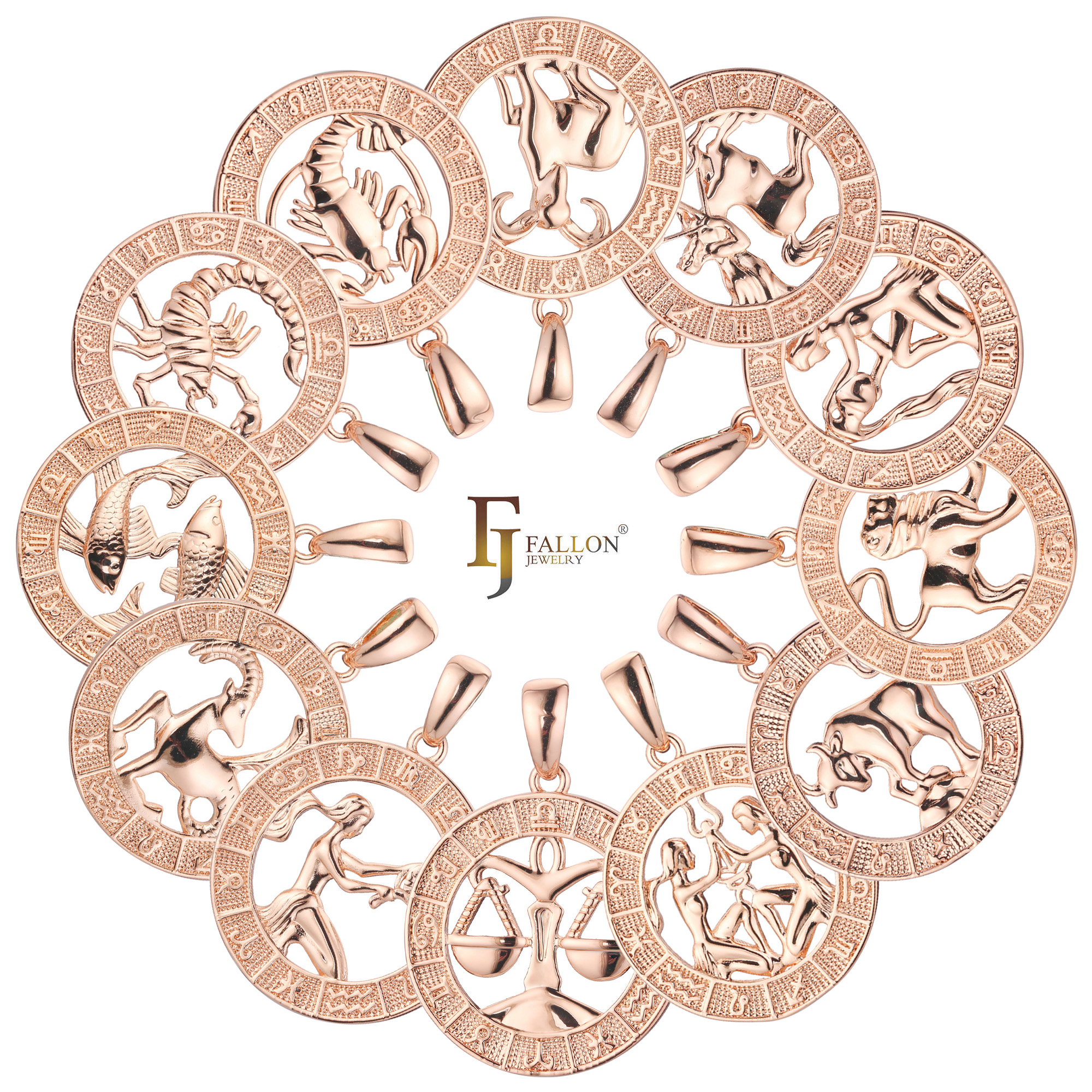 "12 zodiac sign pendants arranged in a circle around the FJ Fallon Jewelry logo, rose gold plated horoscope charms with Roman numeral detailing."