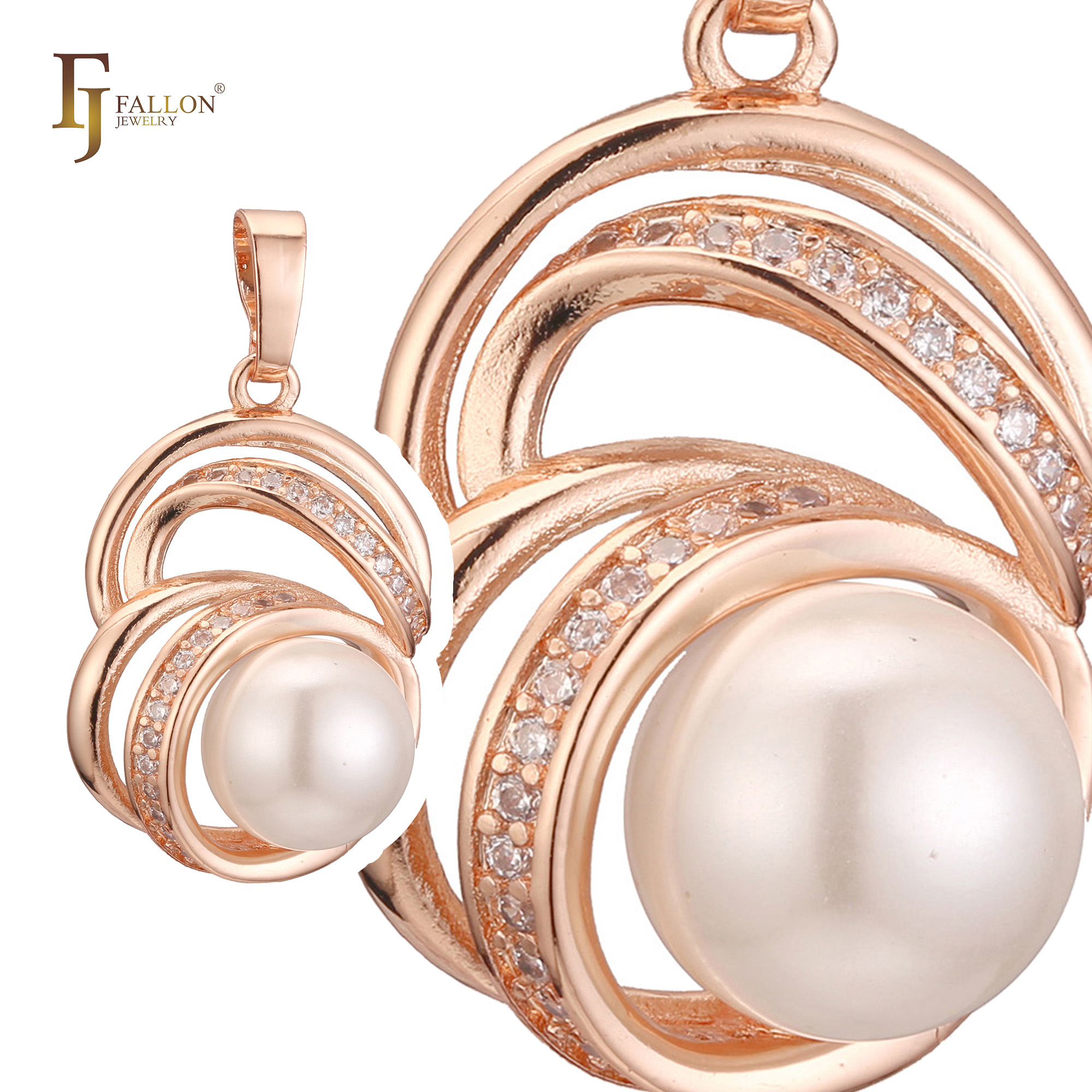 Rose gold pearl pendant with swirl ribbon-like design and white CZ accents, shown in full view and detailed close-up. 
Pendant (Solitaire Pendant) From FJ Fallon Jewelry