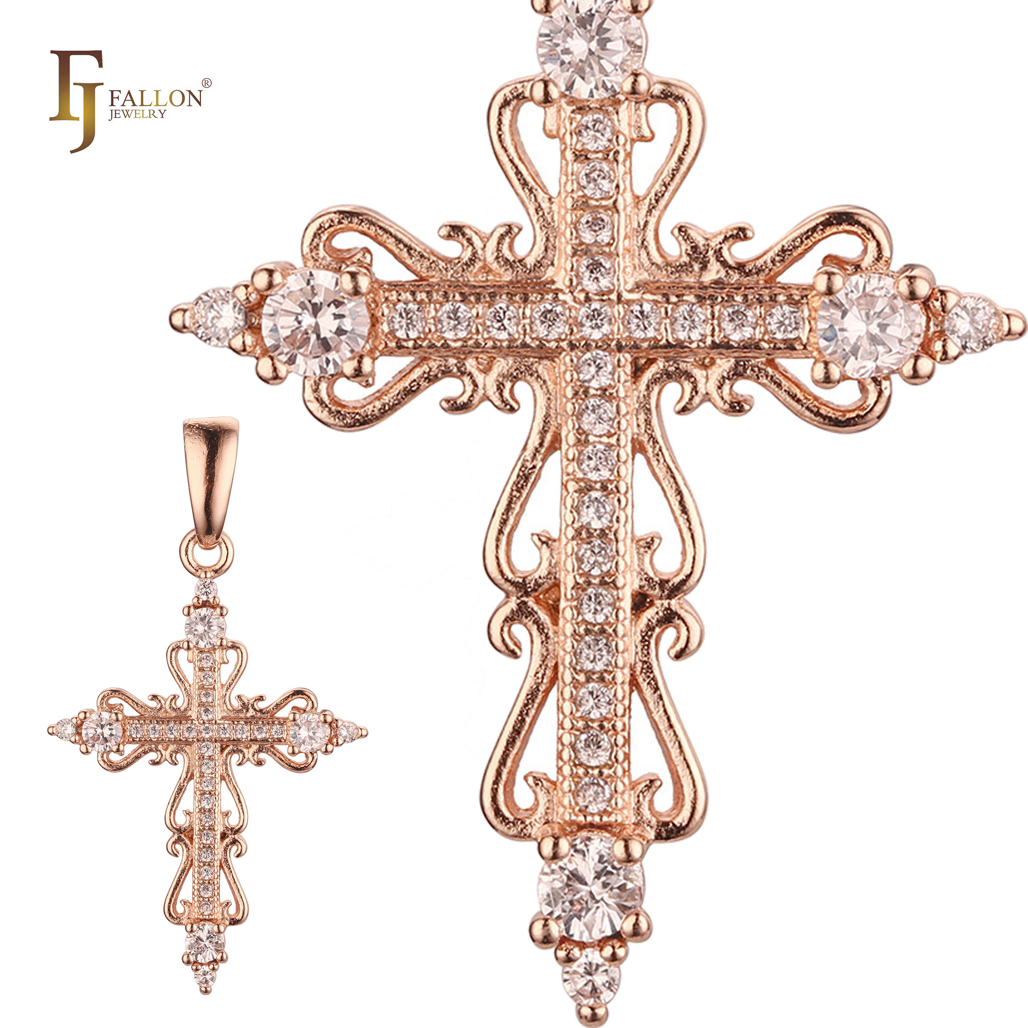 Christian cross pendant in rose gold, adorned with sparkling cubic zirconia and ornate scrollwork design.