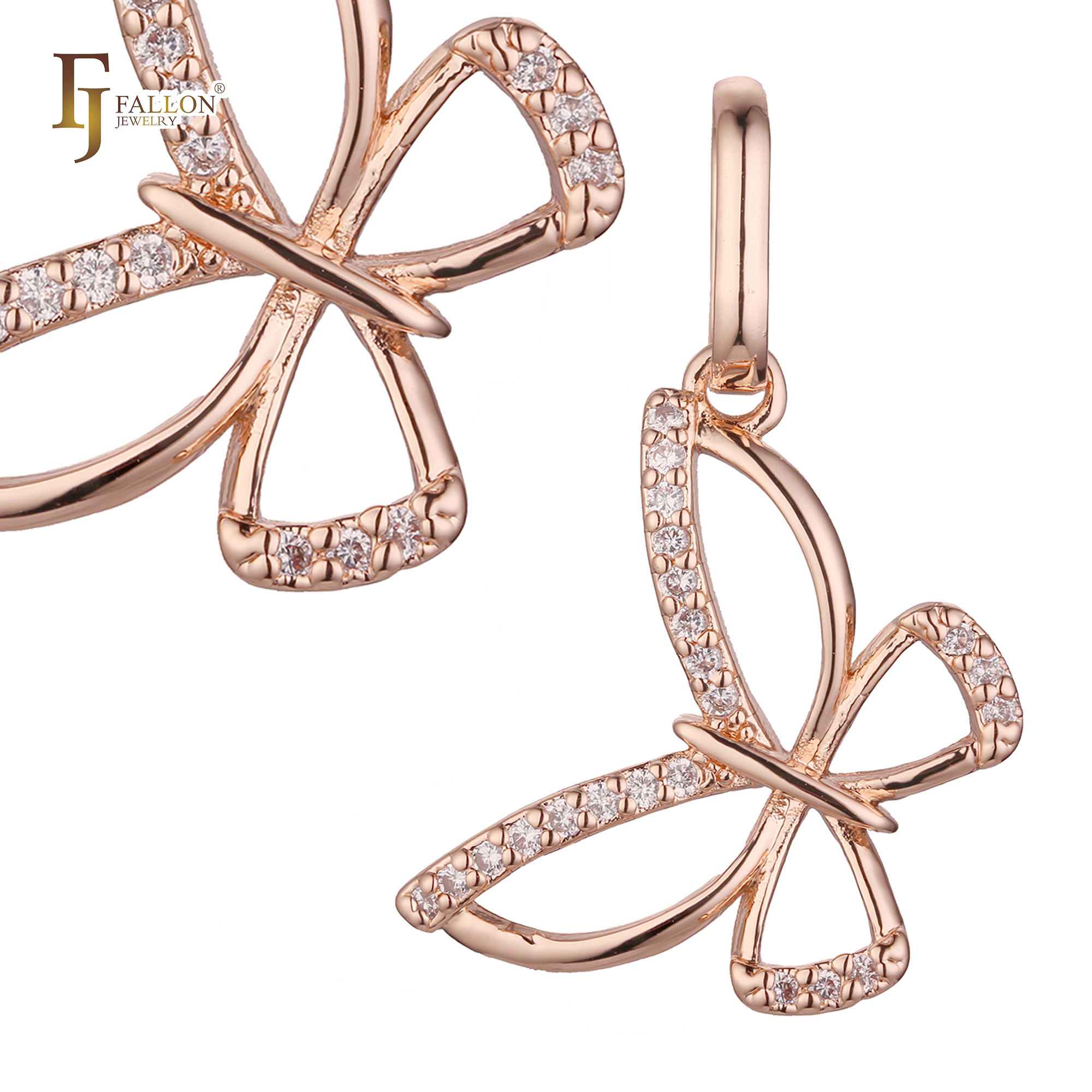 Rose gold butterfly pendant tilted at 45 degrees, outlined with white CZ stones and shown in close-up and full view. 
Pendant (Animal Pendant) From FJ Fallon Jewelry