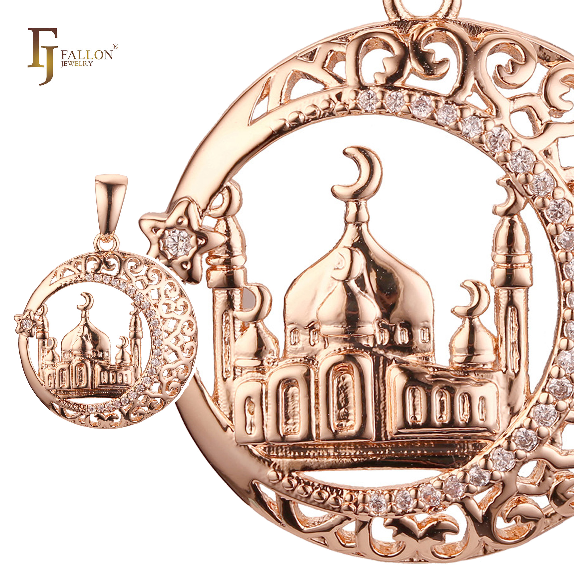 Islamic mosque pendant in rose gold with crescent moons and stars, decorated with intricate filigree and cubic zirconia accents.