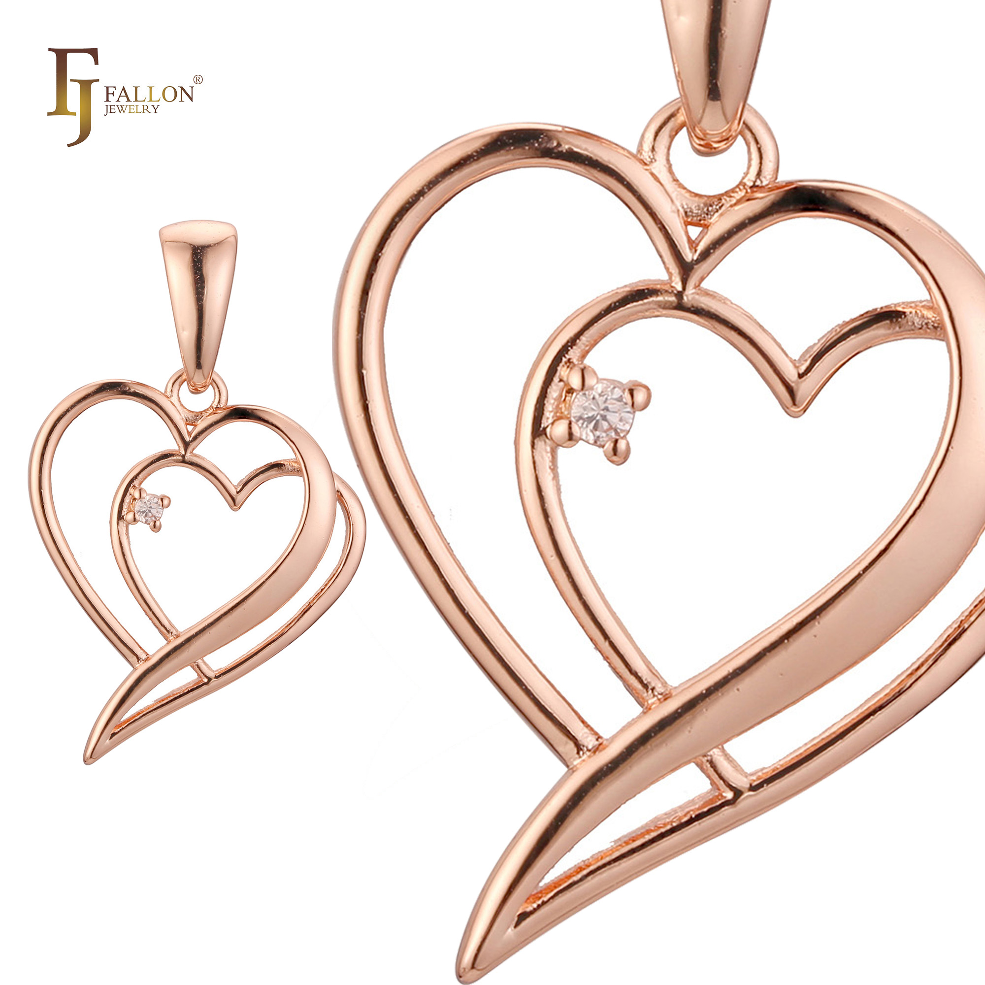 Rose gold double heart pendant with entwined open-heart design and a central white CZ stone, shown in full and zoomed detail.