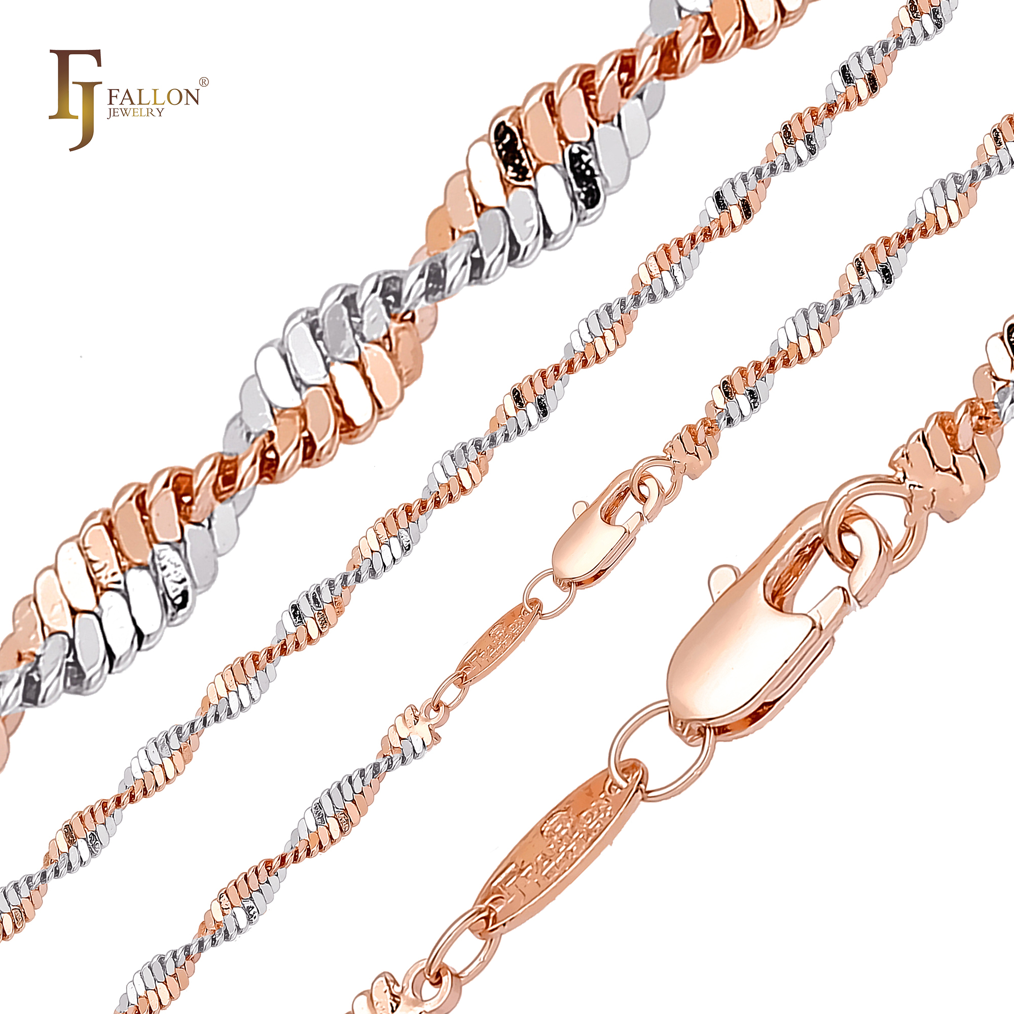 "Two-tone rose gold and silver spiral chain necklace with twisted links, featuring detailed clasp and FJ Fallon Jewelry branding."
Chain Necklaces (Rose Gold two tone) From FJ Fallon Jewelry