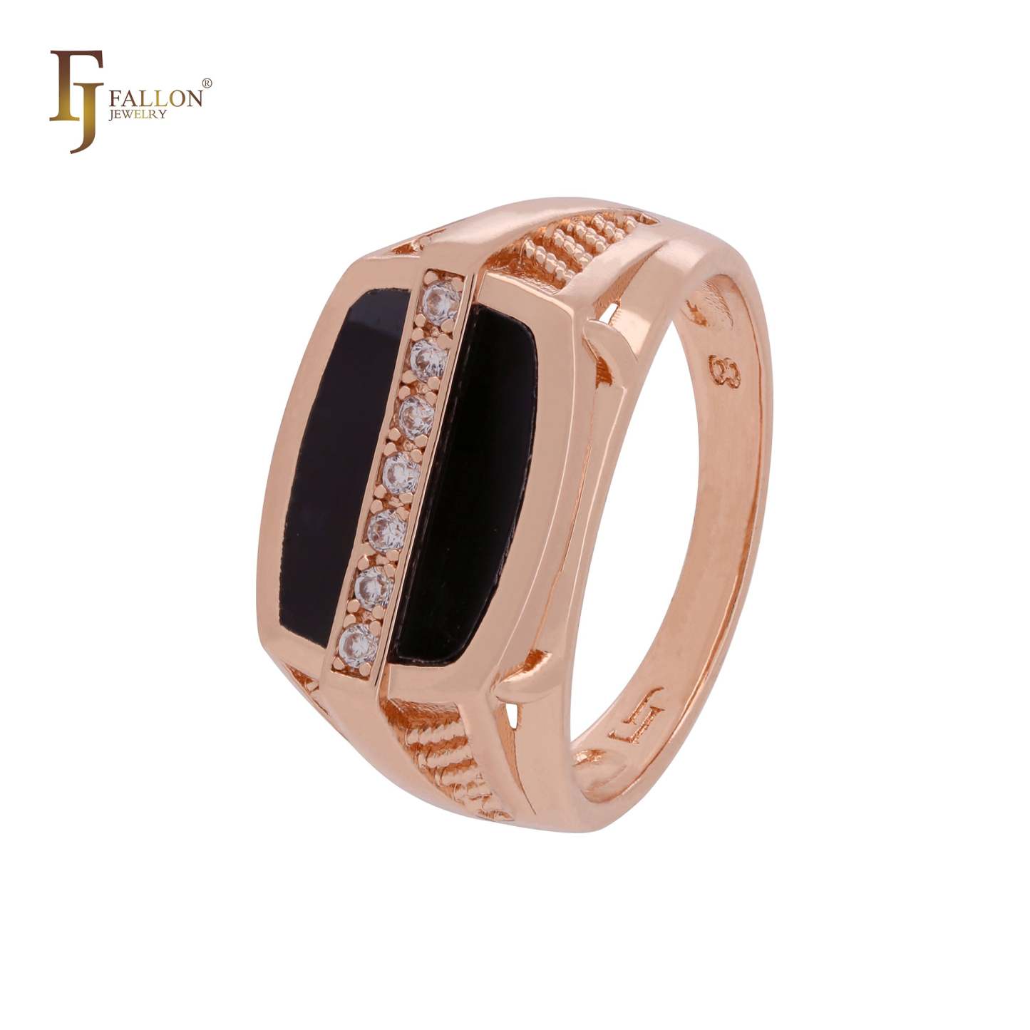 Painted black with white CZs Rose Gold Men's Signet Rings-FJ Fallon Jewelry