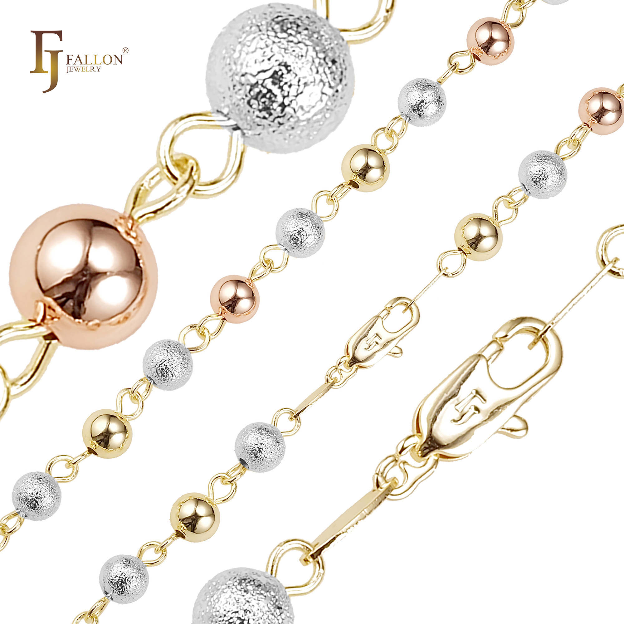 "Tri-color beaded chain necklace with rose gold, silver matte, and gold round beads, featuring FJ Fallon branded clasp and elegant rosary style."
Chain Necklaces (Three tone) From FJ Fallon Jewelry