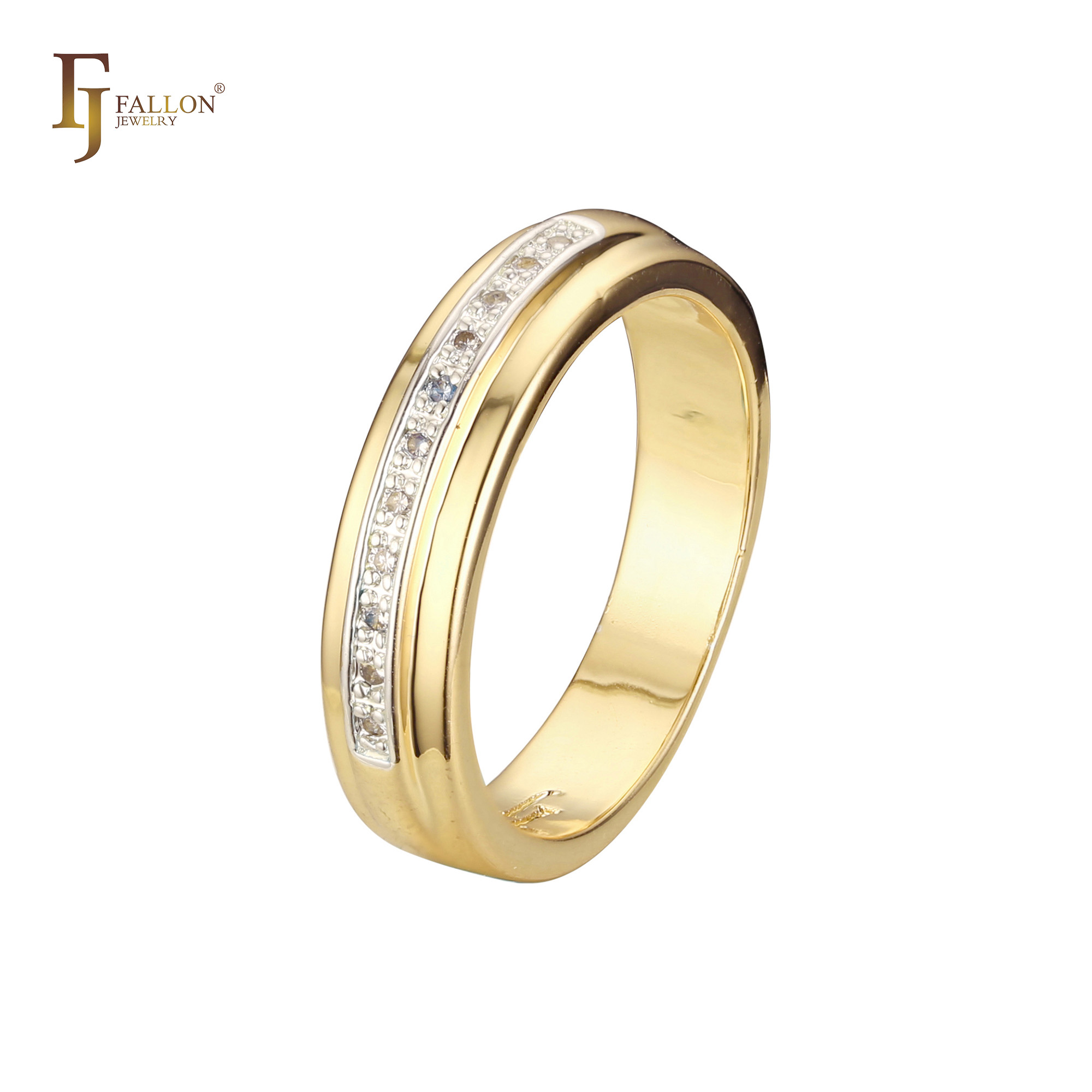 "14K gold wedding band with channel-set white CZ stones in a single row, simple and elegant unisex design."
Rings (Wedding Band) From FJ Fallon Jewelry