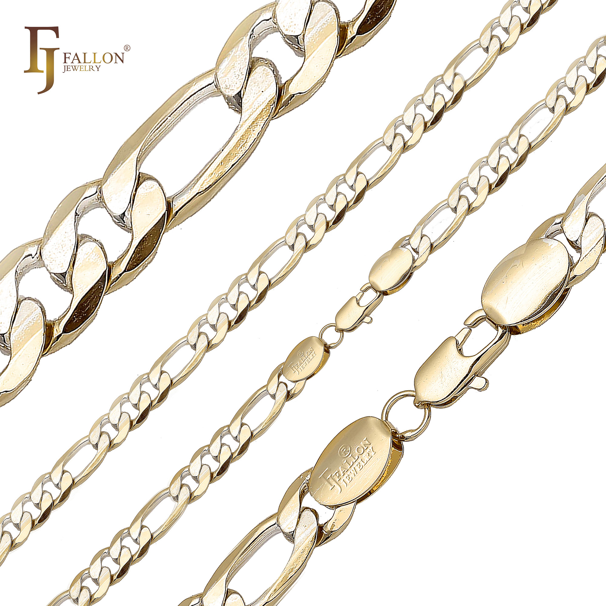 "14K gold Figaro chain necklaces with alternating link pattern, detailed views of chain texture and lobster clasp engraved with FJ Fallon logo."
Chain Necklaces (14K Gold) From FJ Fallon Jewelry