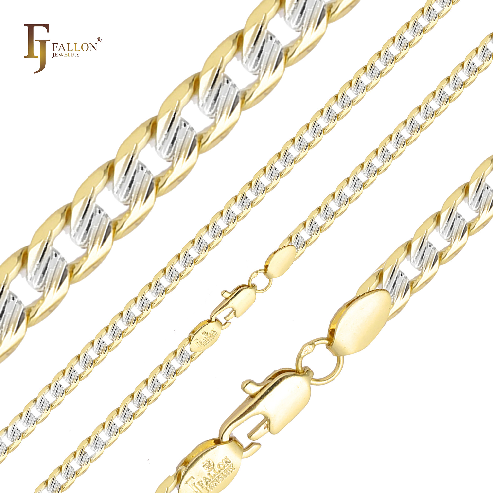 "Two-tone 14K gold chain necklace with Cuban links, featuring gold and silver dual plating and branded lobster clasp with FJ Fallon logo."
Chain Necklaces (14K Gold two tone) From FJ Fallon Jewelry