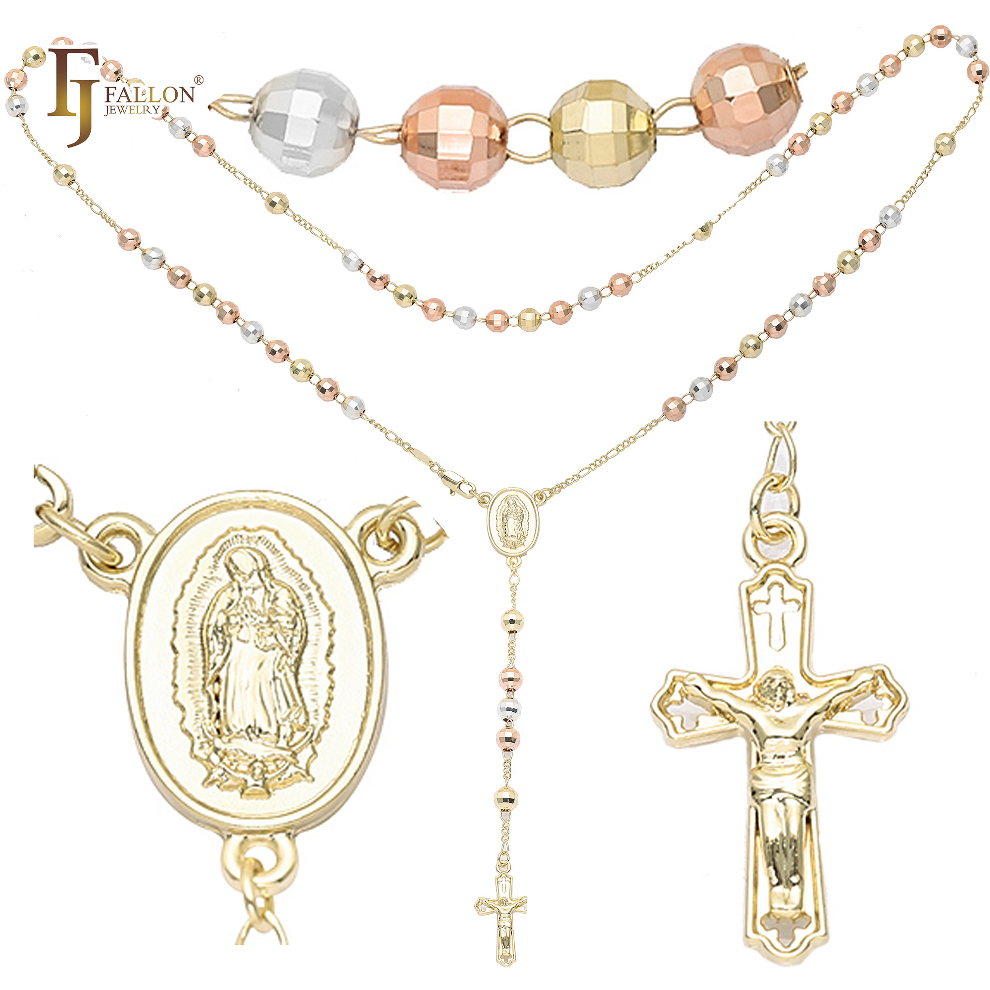 Tricolor rosary necklace in 14K gold, rose gold, and silver plating with Guadalupe medallion and crucifix pendant, close-ups shown of both. 
Rosary Necklace or Bracelets From FJ Fallon Jewelry