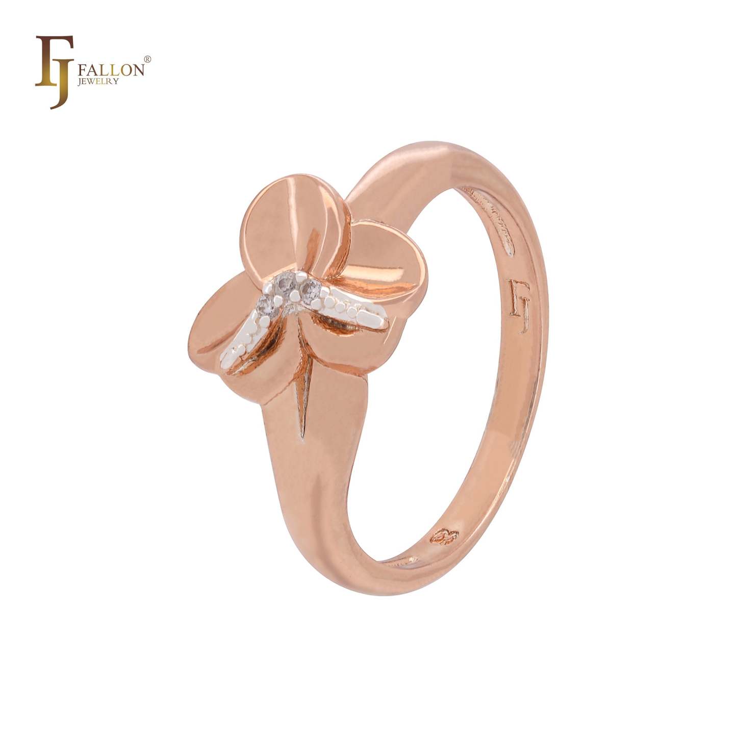 Geometric arms of clover flower white CZs Rose Gold two tone Fashion Rings-FJ Fallon Jewelry
