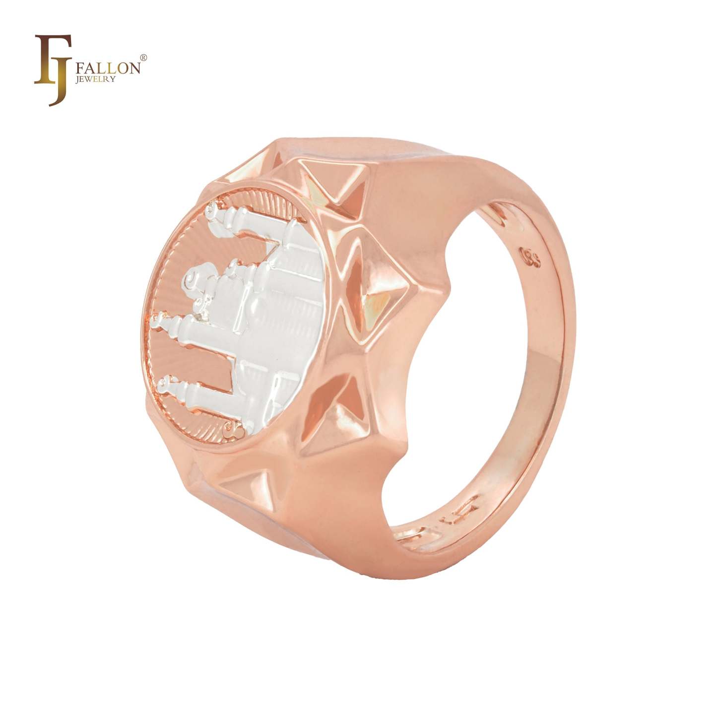 Islamic temple signet diamond halo Rose Gold two tone Men's Rings-FJ Fallon Jewelry