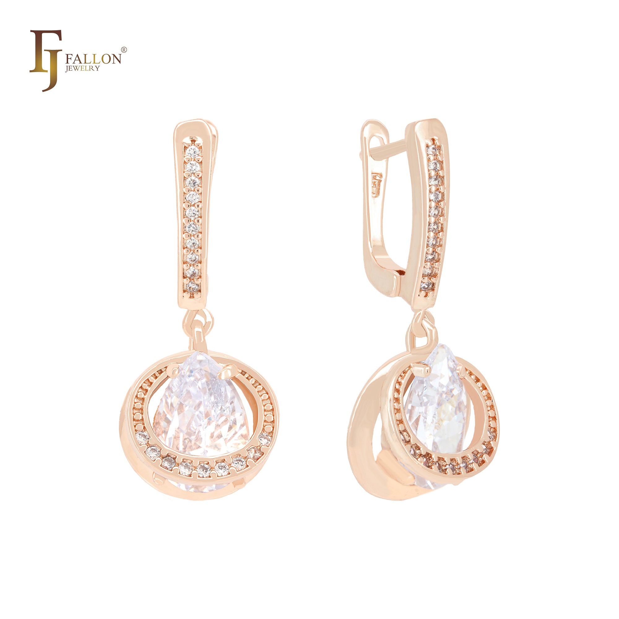 Double circle embraced white CZs solitaire teardrop CZ Rose Gold Clip-On Earrings-FJ Fallon Jewelry