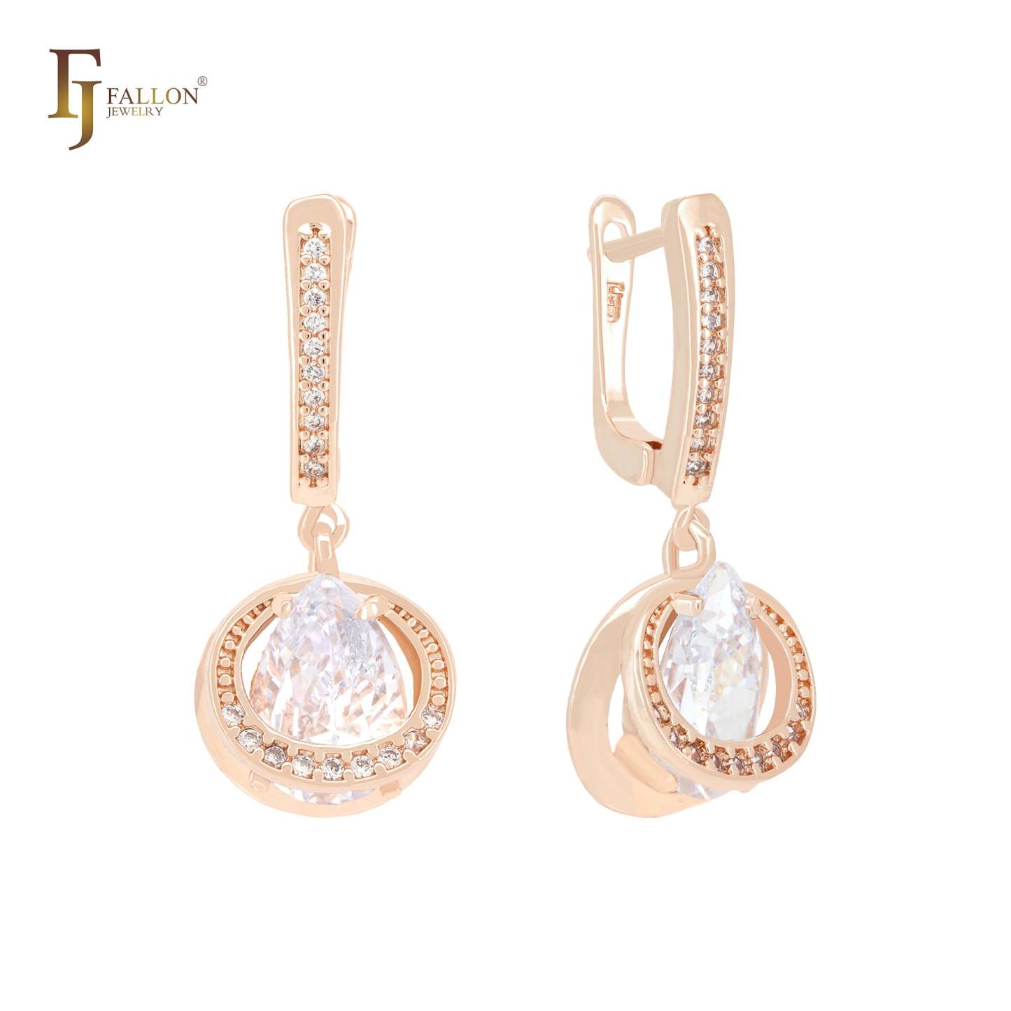 Double circle embraced white CZs solitaire teardrop CZ Rose Gold Clip-On Earrings-FJ Fallon Jewelry