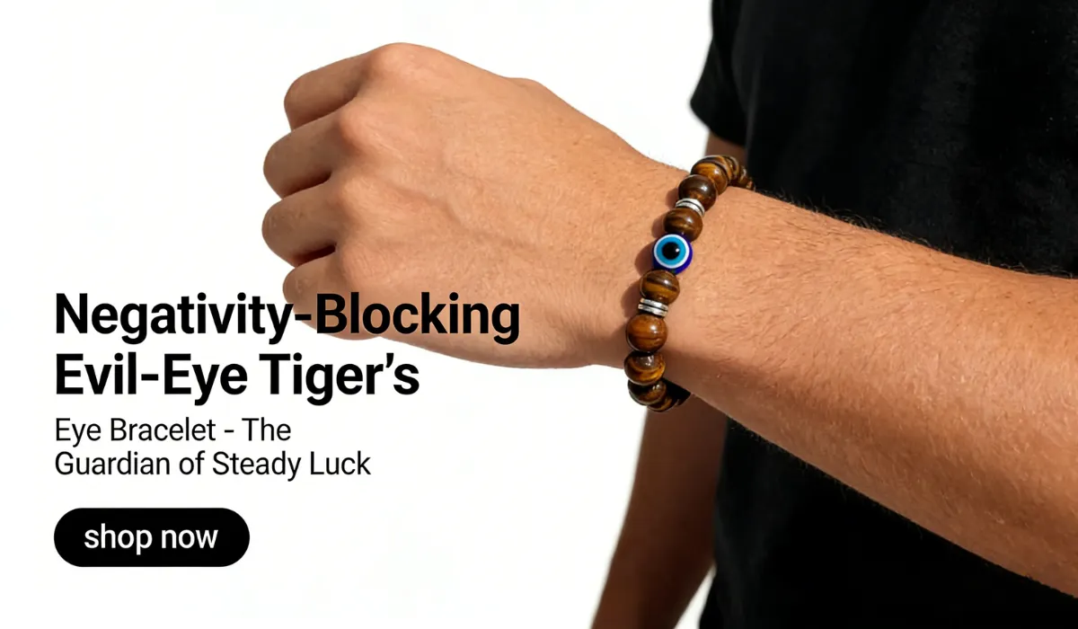 Tiger&rsquo;s eye beaded bracelet with a blue evil-eye charm worn on a wrist, with text "Negativity-Blocking Evil-Eye Tiger&rsquo;s Eye Bracelet - The Guardian of Steady Luck" and a "shop now" button.