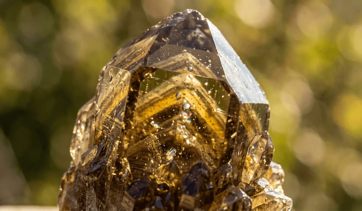 Macro shot of natural citrine showing color zoning, internal phantoms, and kundalini quartz structure.