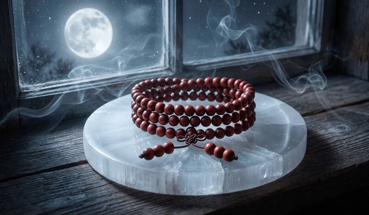 Small Leaf Red Sandalwood beads being charged under full moonlight on a Selenite plate.