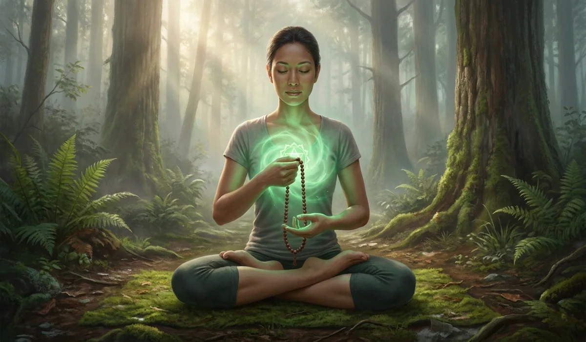 Meditating practitioner with Rosewood beads showing Heart Chakra Anahata alignment and grounding spiritual energy.