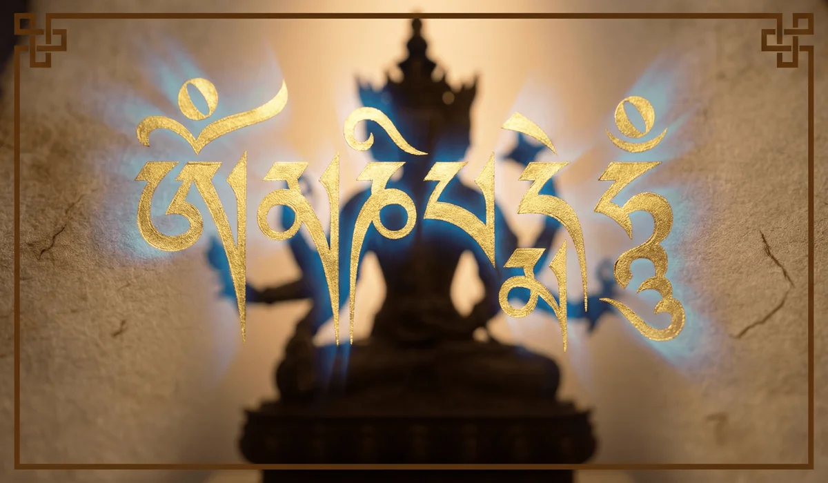 Ancient Tibetan script of the Om Mani Padme Hum mantra in gold ink representing the origin of the Mantra of Compassion.