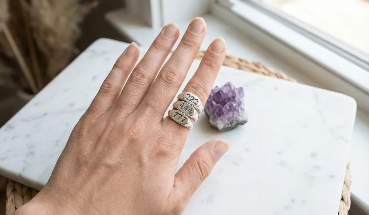 Stacked sterling silver angel number rings 222, 444, and 777 representing harmony and divine protection.