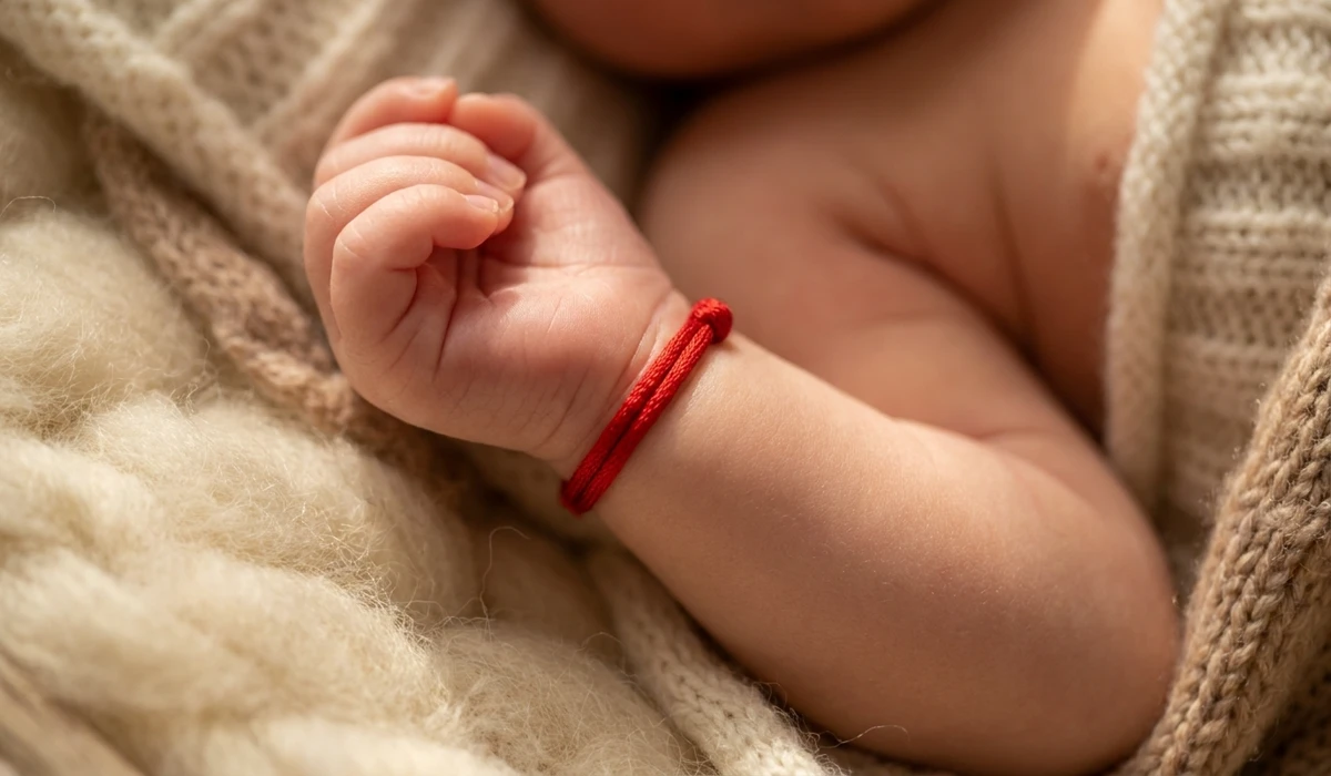 A close-up of a newborn baby wearing a traditional red string protection bracelet on their wrist for spiritual safety.
