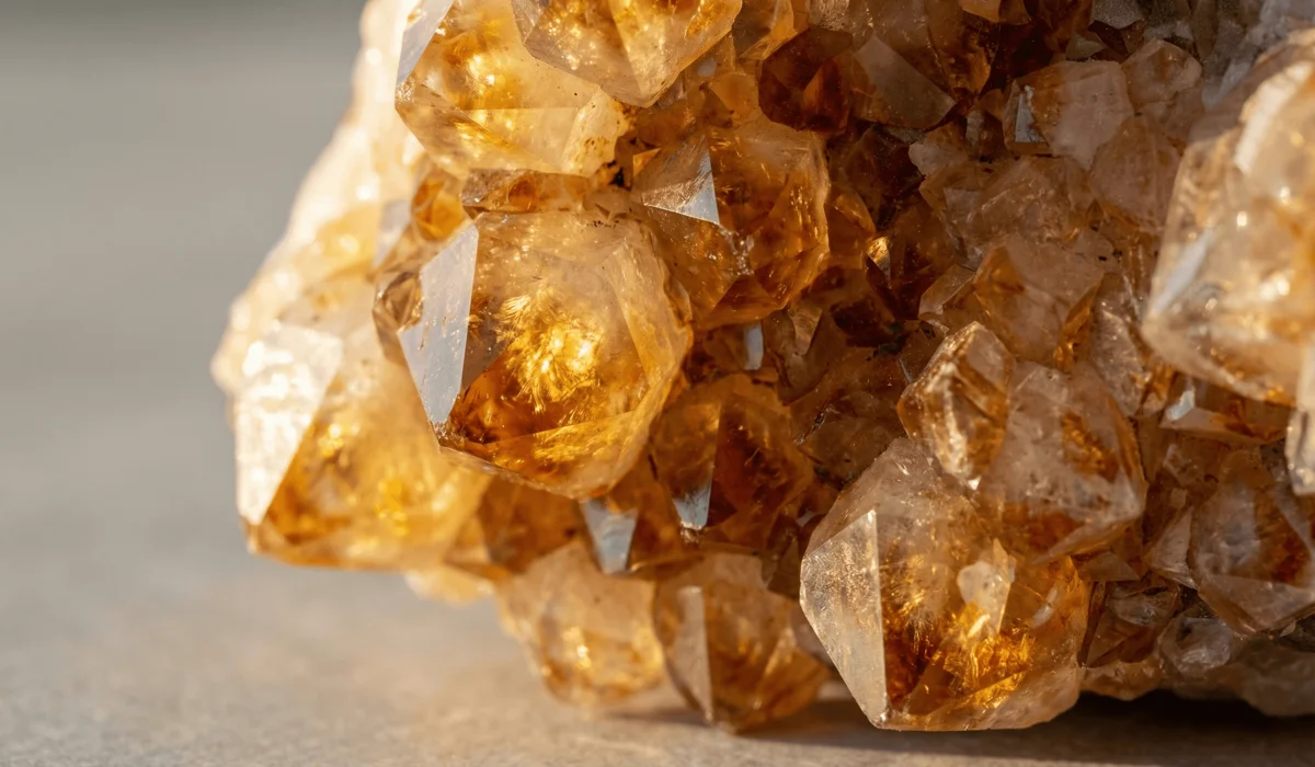 A close-up of a natural honey-colored Citrine crystal cluster showing its vibrant golden hues and translucent quartz structure.