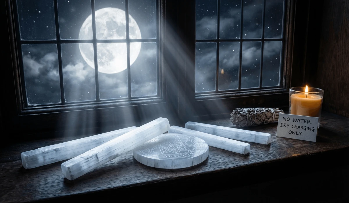 Selenite crystals and a charging plate placed on a windowsill under the light of a full moon for energetic recharging.
