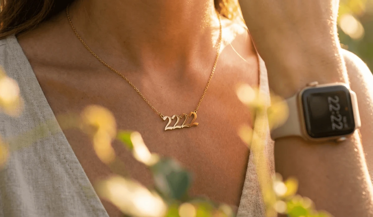 Elegant gold 2222 angel number necklace worn as a spiritual amulet for manifesting balance and trust.