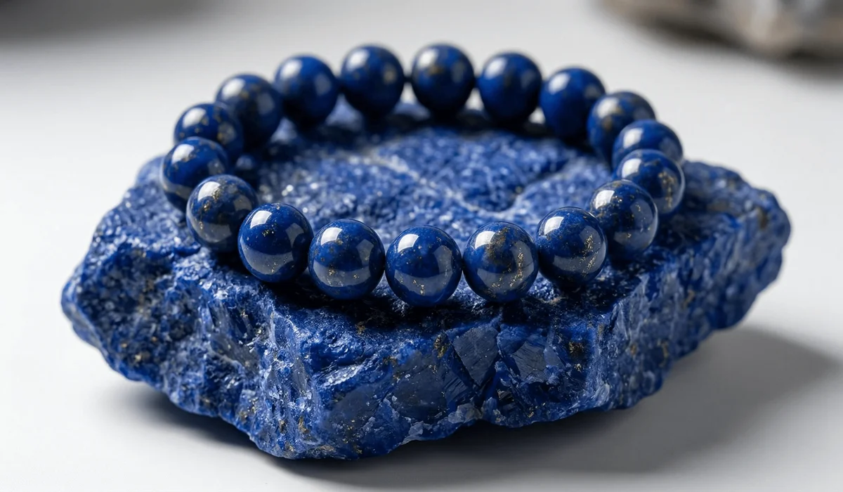 High-quality Lapis Lazuli bracelet showing deep celestial blue beads with golden pyrite flecks and white calcite veins, highlighting the stone of wisdom's natural minerals.