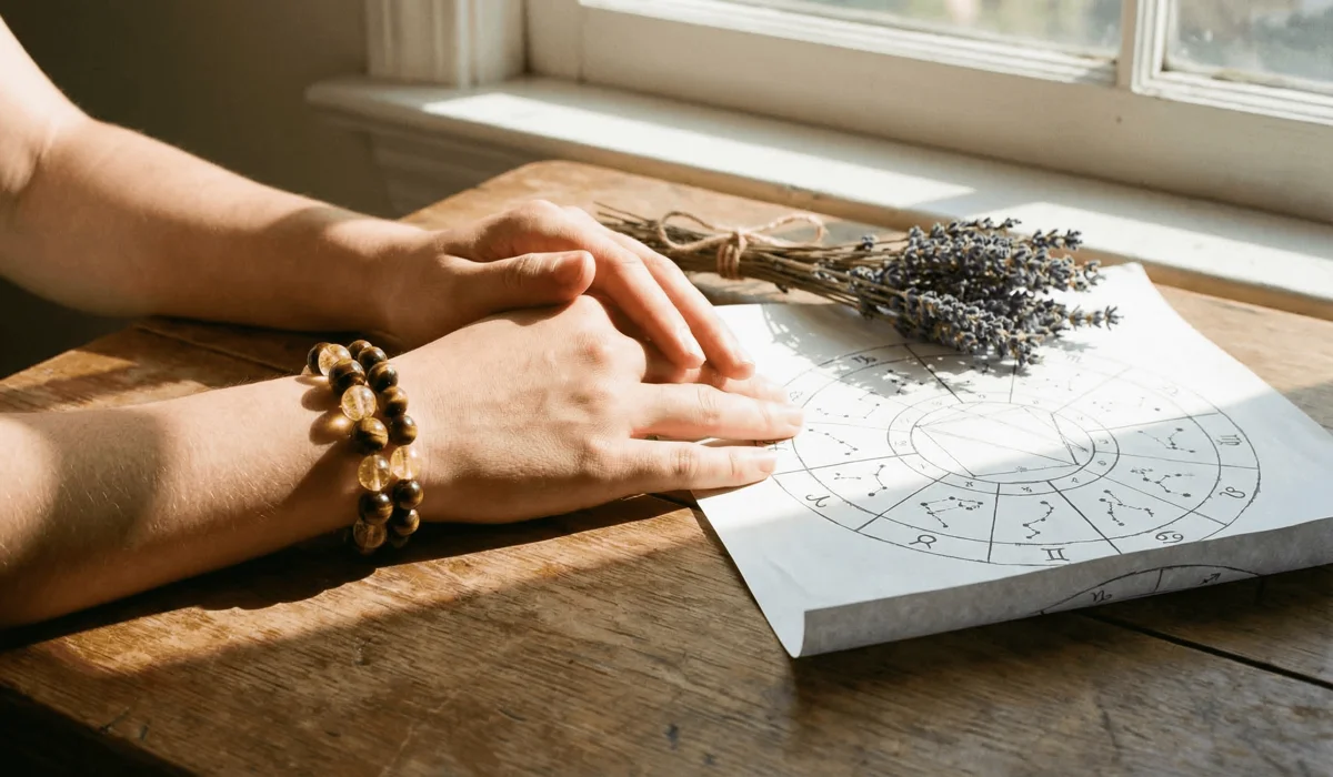 A person wearing a zodiac crystal bracelet on their left hand to receive healing energy, placed next to an astrological birth chart.