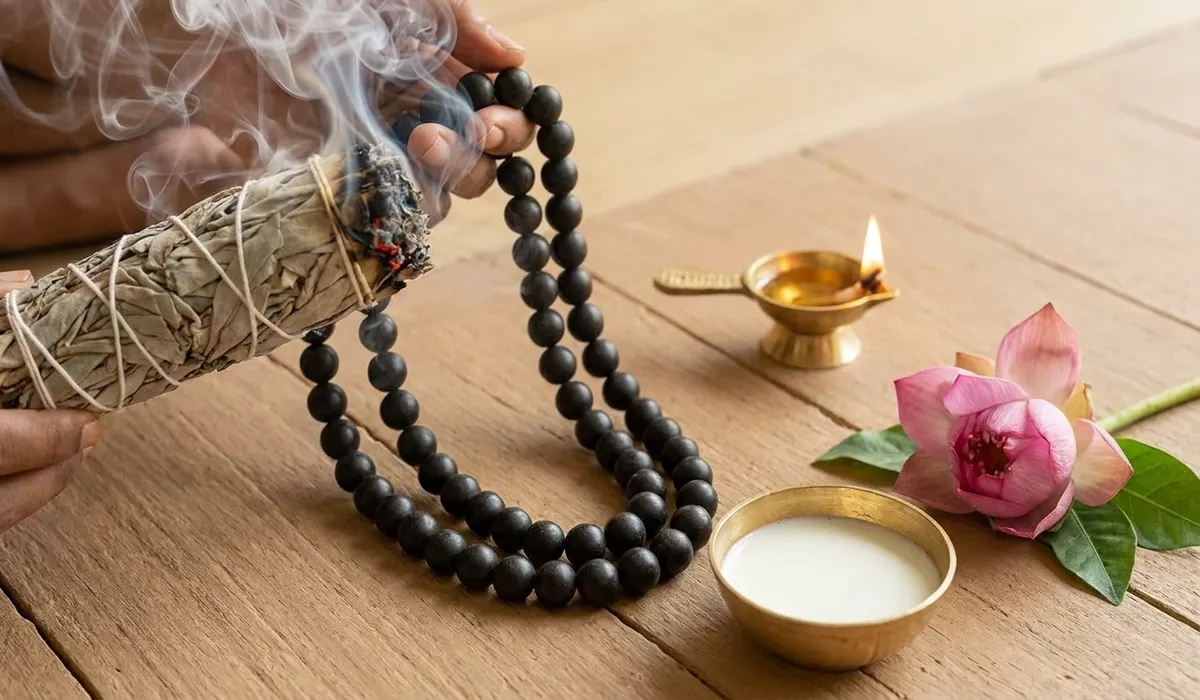 Cleansing ritual of Ebony mala beads using sacred sage smoke and traditional Vedic elements on a spiritual altar.