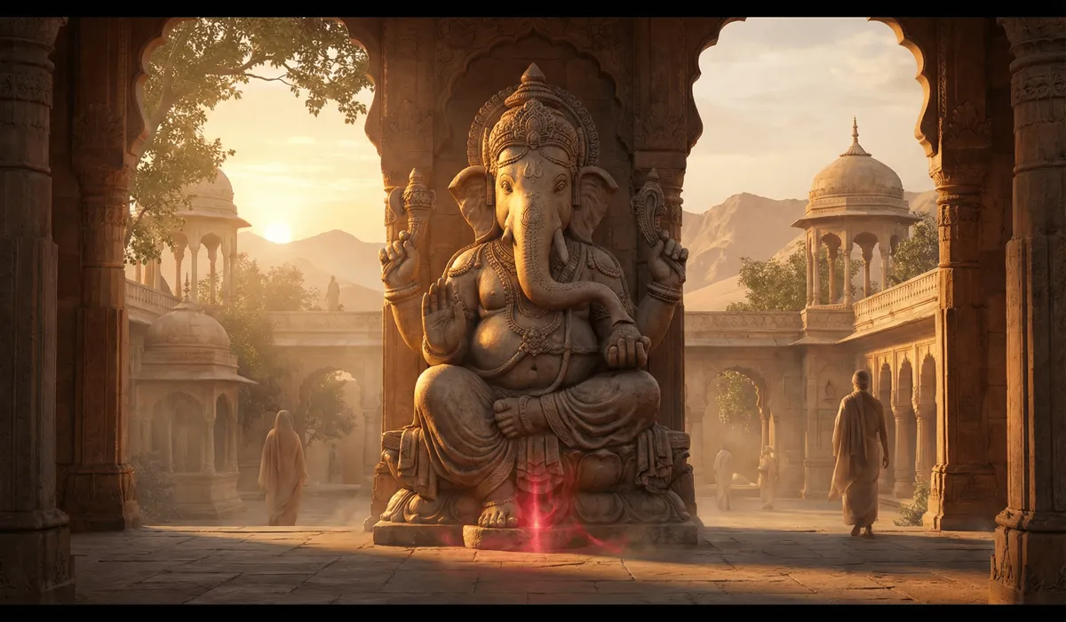 A majestic Ganesha statue at a temple entrance symbolizing the spiritual transition from obstacles to opportunities.