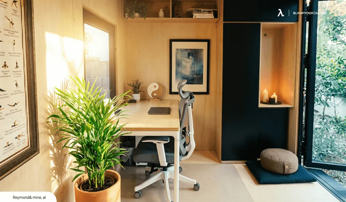 A balanced home office interior using Feng Shui principles and the Yin Yang symbol to harmonize work and rest energy.