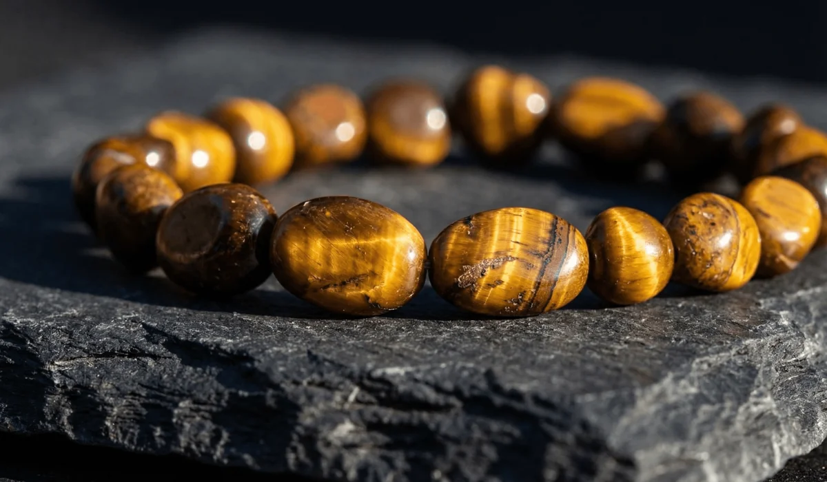 Authentic Tiger&rsquo;s Eye bracelet showing natural golden and brown bands with chatoyant shimmer under sunlight.