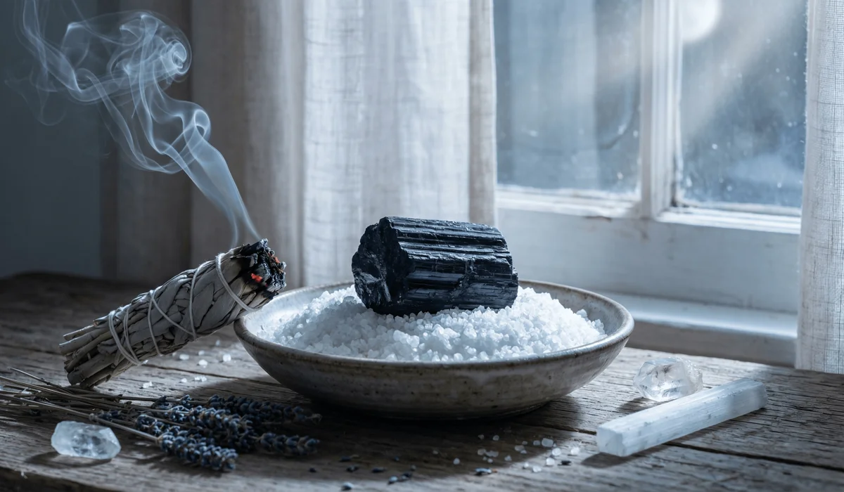 Black Tourmaline crystal being cleansed with sage smoke and sea salt to recharge its protective properties.
