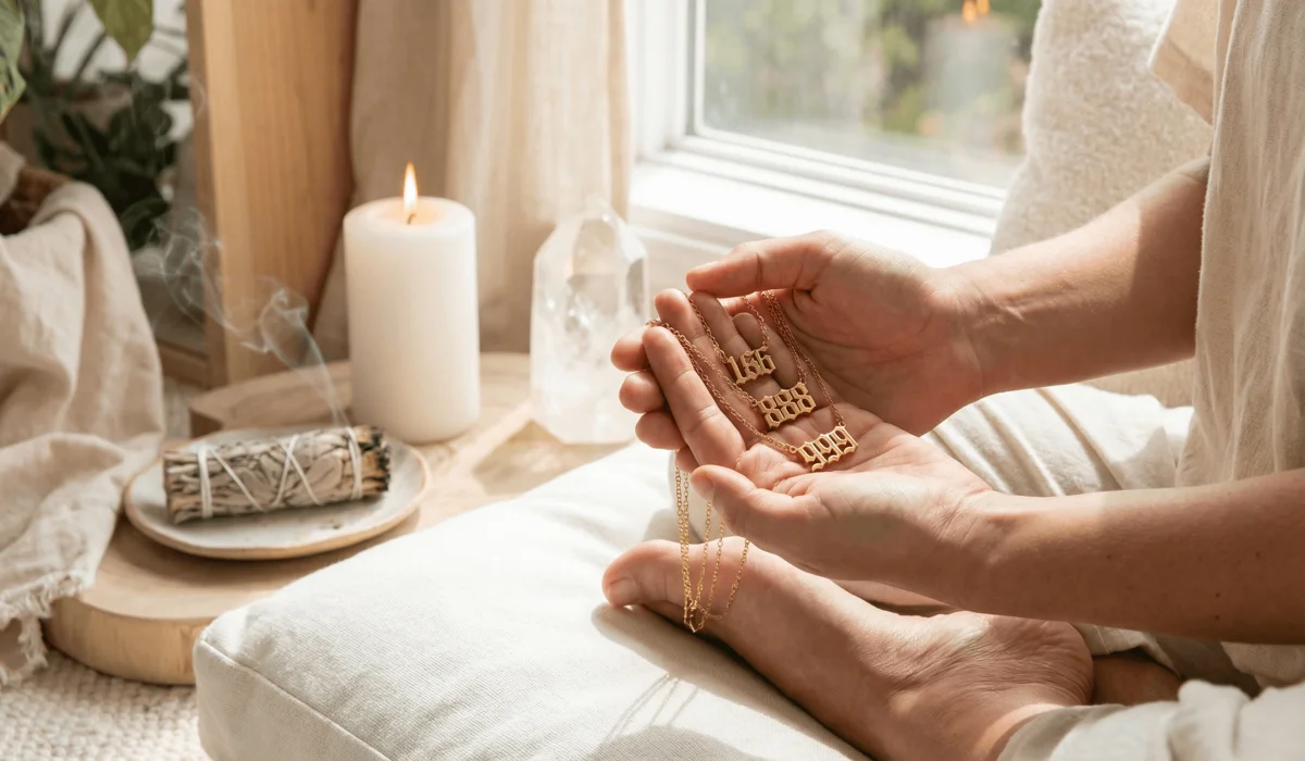 A person holding angel number jewelry during a meditation and intention-setting ritual with crystals and sage.