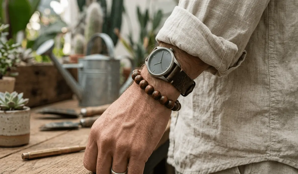 Person wearing a red sandalwood bracelet on the left hand for grounding energy in a daily lifestyle setting.