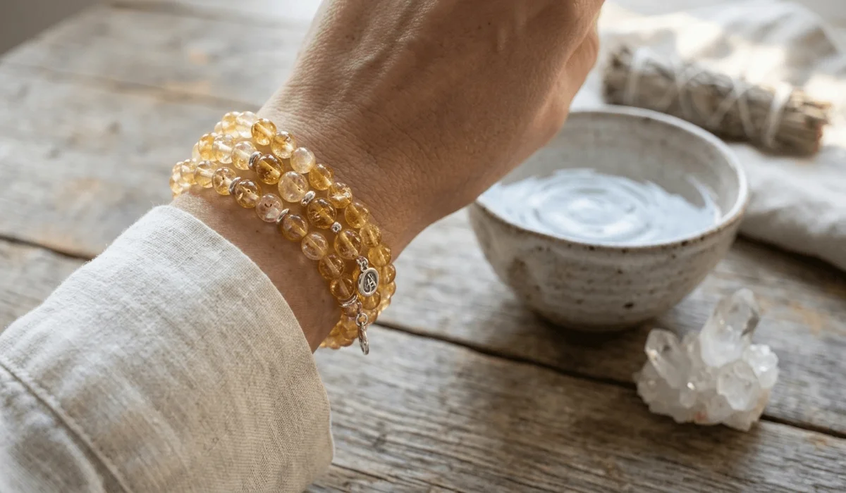 Natural citrine bead bracelet on a wrist, styled with cleansing crystals for spiritual practice.