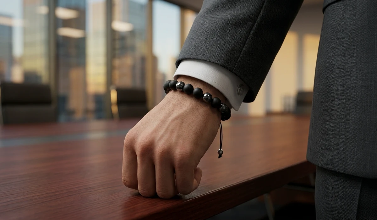 Close-up of a professional man wearing a Black Obsidian and Hematite protection bracelet in a corporate office setting.