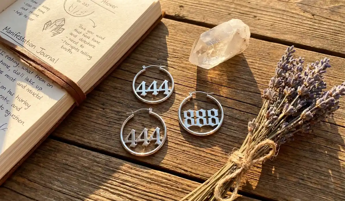 Angel number jewelry set on a spiritual altar with crystals and a journal, representing manifestation and daily intention-setting practices.