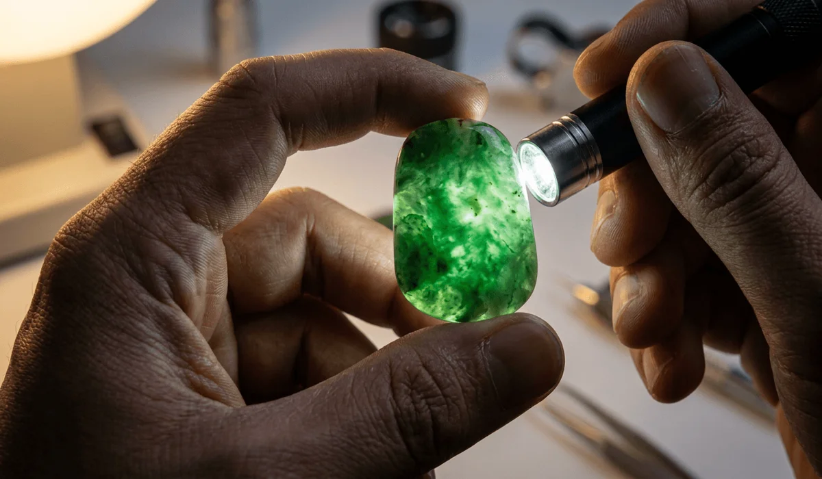 Flashlight illuminating the fibrous internal structure of an authentic green jade stone during a light test.