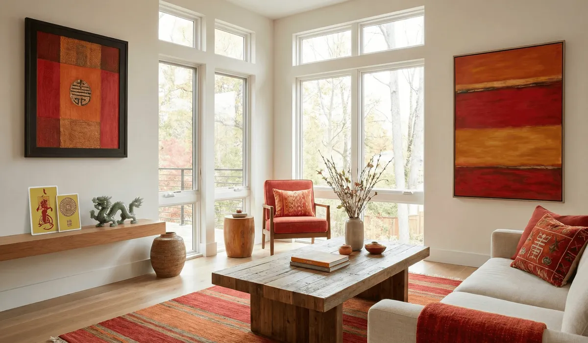 A Feng Shui-optimized living room for the Year of the Horse featuring red accents and symbolic protection talismans.