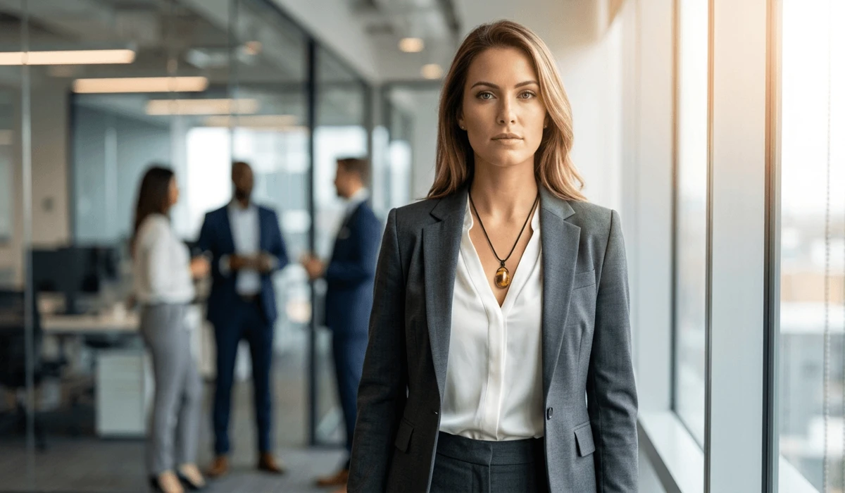 A professional woman wearing a Tiger's Eye pendant in an office setting, symbolizing career success and confidence.