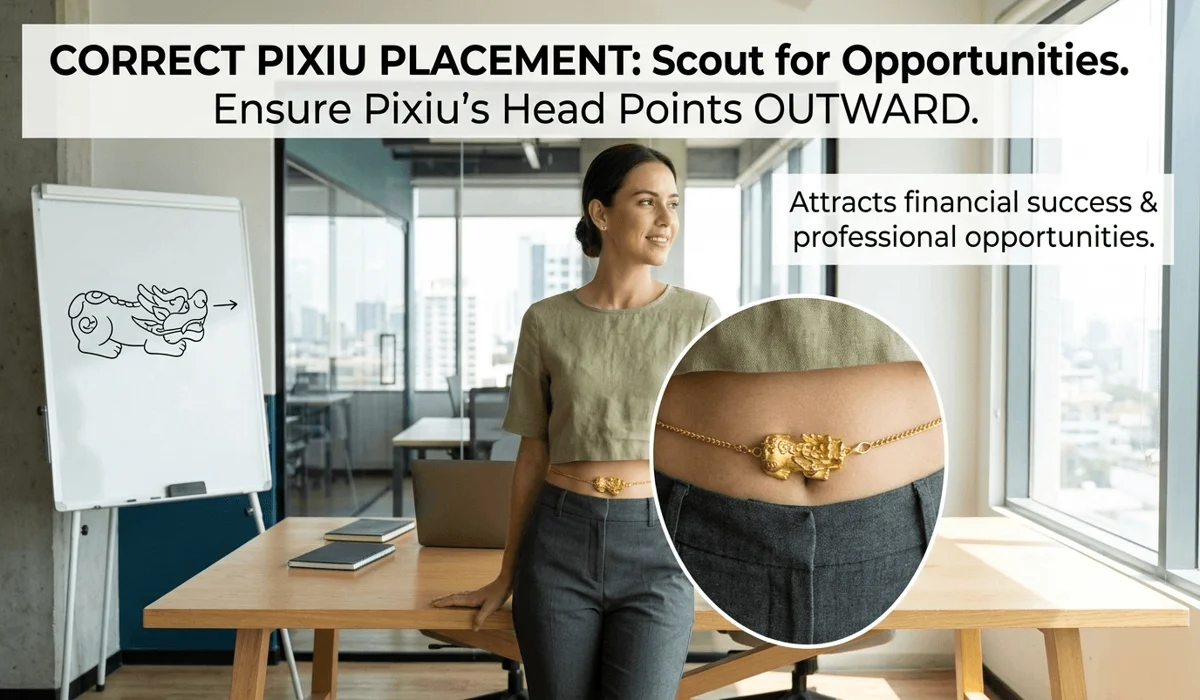 Proper placement of a Pixiu belly chain with the charm's head facing outward to attract financial opportunities.