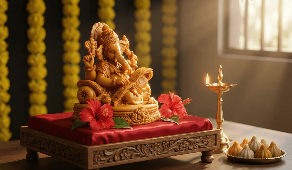 Lord Ganesha statue in sitting posture on a raised wooden platform with traditional offerings like flowers and Diya for home Vastu.