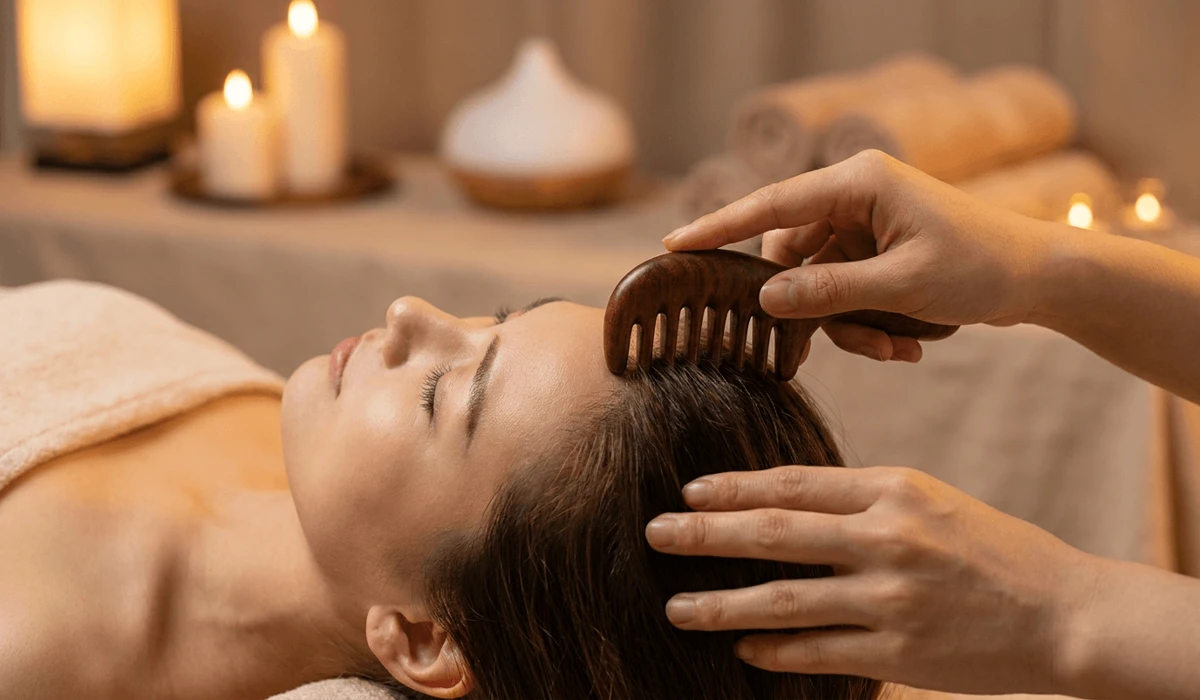 Close-up of scalp meridian massage using a wide-tooth peach wood comb on top of the head for mental relaxation and tension release.