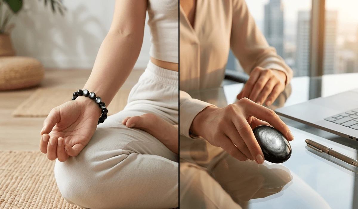 Comparing Silver Sheen Obsidian jewelry worn on the left hand for receiving energy and right hand for protection.