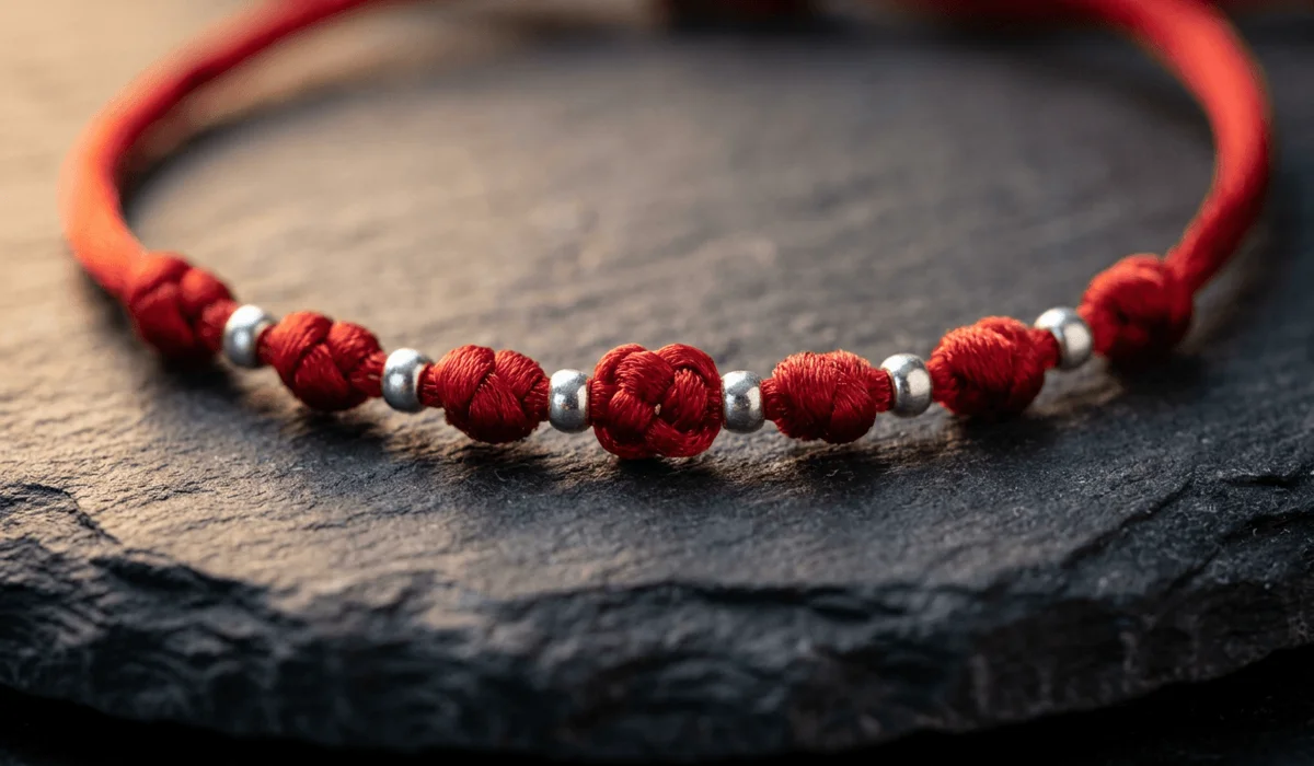 Detailed macro photograph of a traditional 7-knot red string bracelet crafted from vibrant crimson thread resting on a dark slate surface.