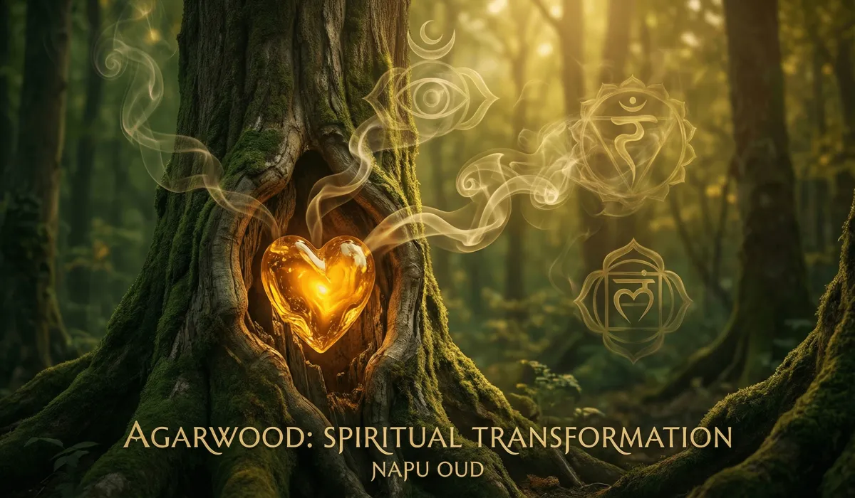Symbolic representation of Agarwood spiritual significance and chakra connection with ethereal energy swirls.